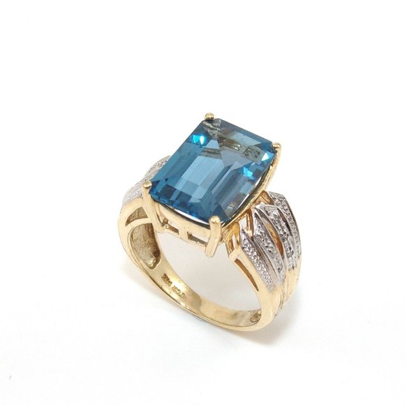 14K Yellow Gold London Blue Topaz Diamond Ring Size 8.25 - Picture 1 of 6